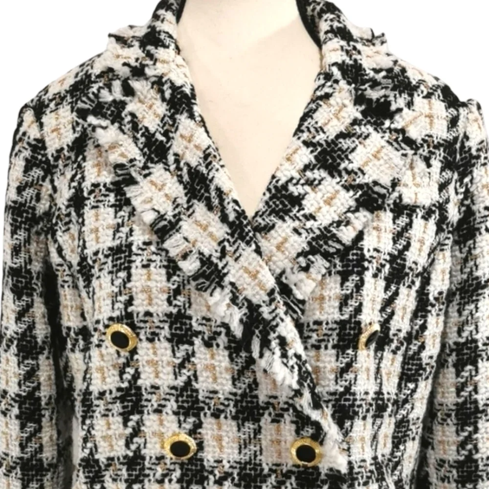 House of Harlow 1960 Tweed Houndstooth Blazer Gold Button Cropped Jacket Sz S - Picture 3 of 9